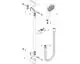 Hansgrohe Duschelement mit Handbrause, Brausestange, Schlauch und Montagematerial. Teile sind schematisch angeordnet und nummeriert.